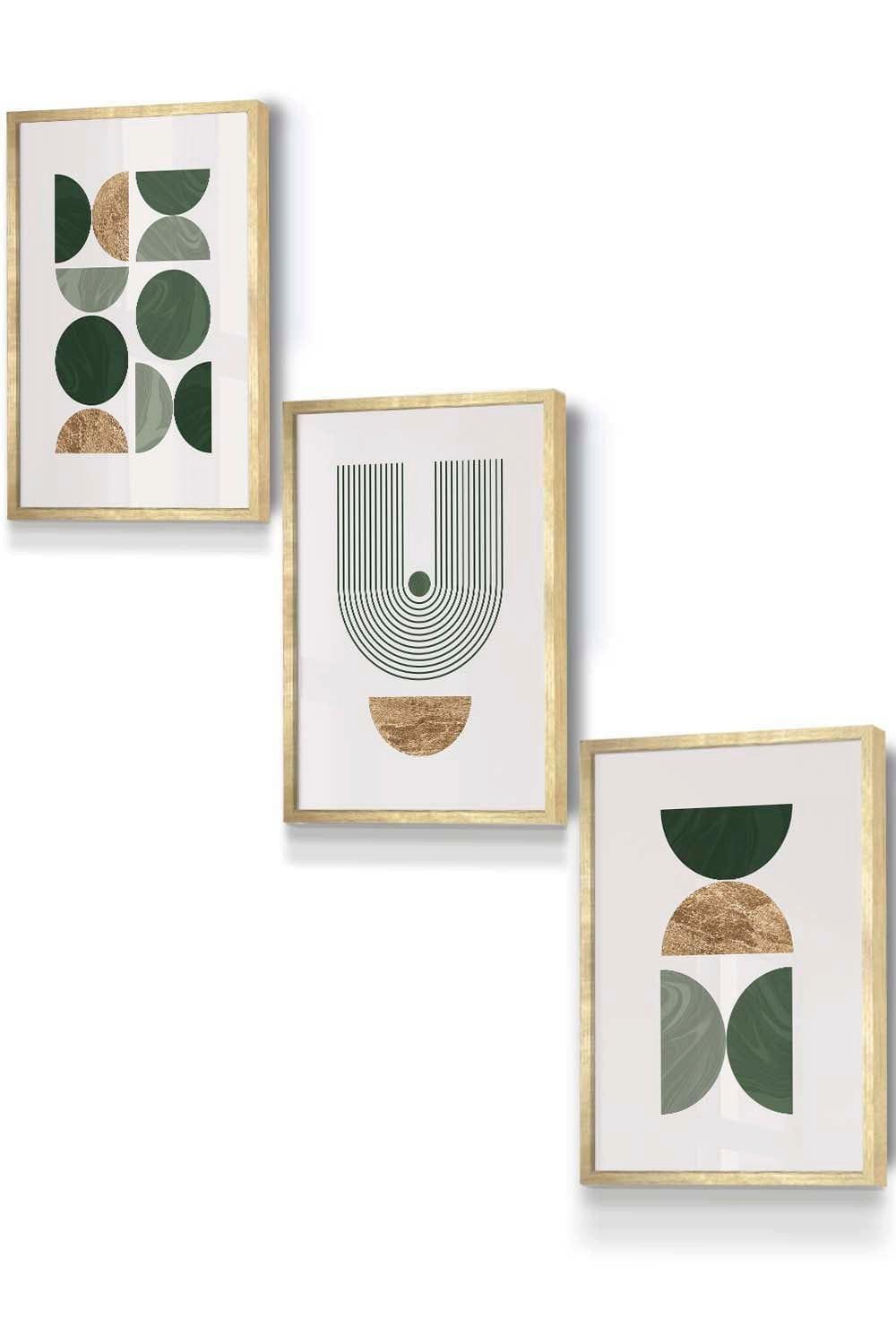 Mid Century Geometric in Green and Gold Framed Wall Art - Small